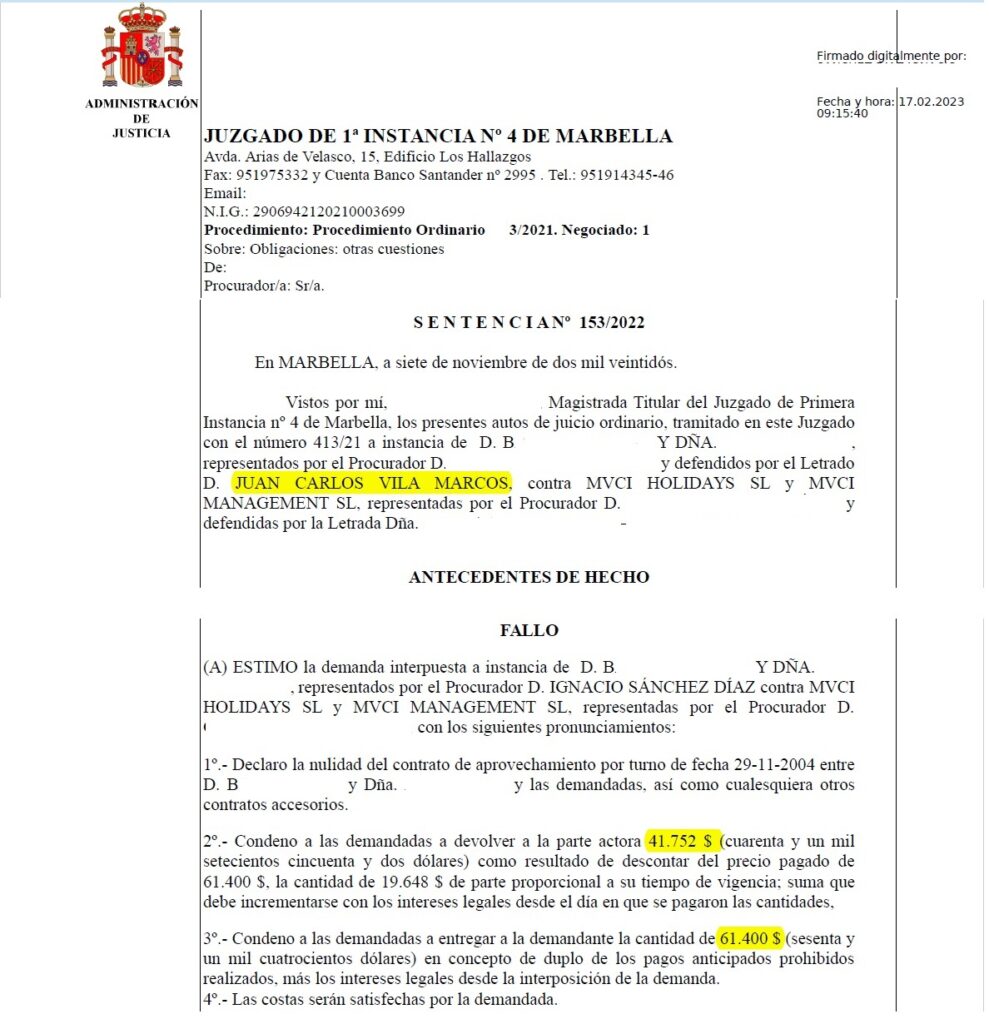 Court ruling Marriott Marbella: $103,000. November 2022.