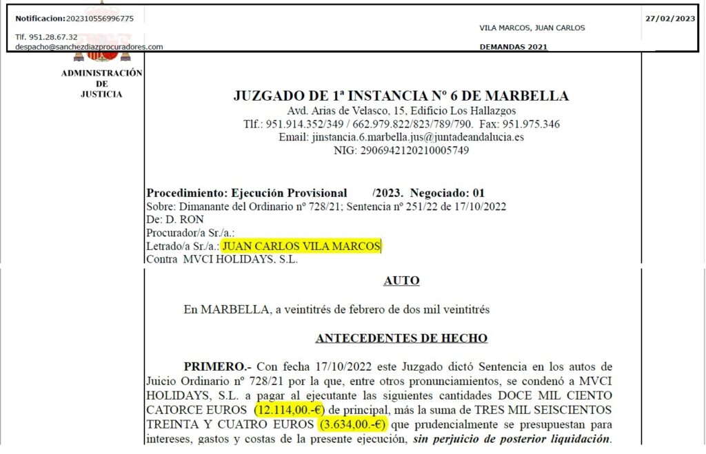 Court ruling Marriott Marbella: €15,000. February 2023.