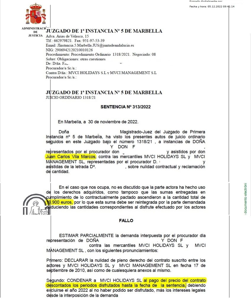 Court ruling Marriott Marbella: €19,000. November 2022.