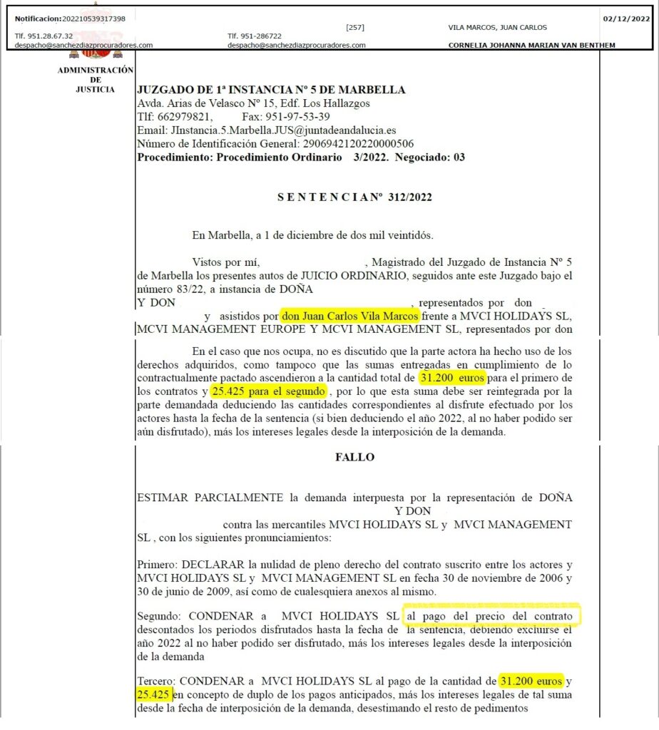 Court ruling Marriott Marbella: €97,000. December 2022.