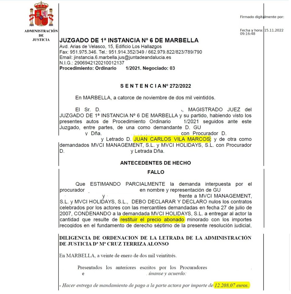 Court ruling Marriott Marbella: €12,000. November 2022.