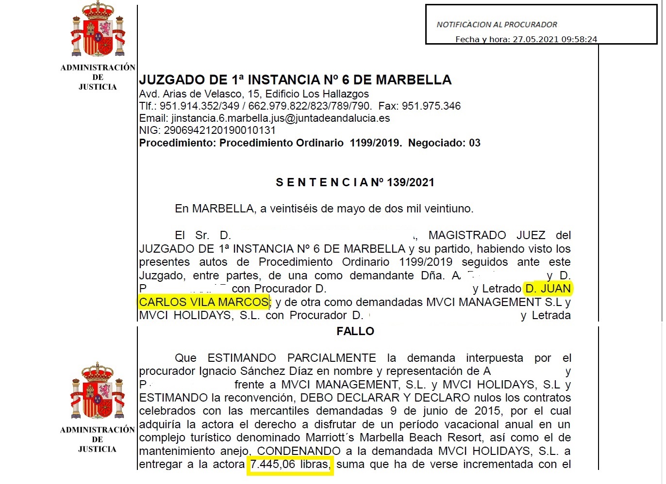 Court ruling Marriott Marbella: £7,000. May 2021.