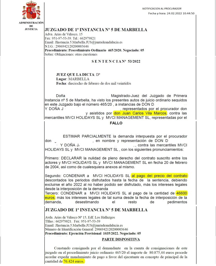 Court ruling Marriott Marbella: €78,000 refund, June 2018. February 2022