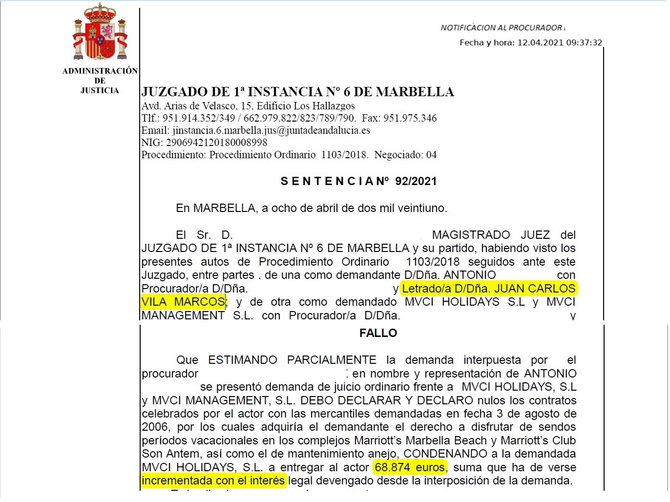 Court ruling Marriott Son Antem: €68,000 refund. April 2021