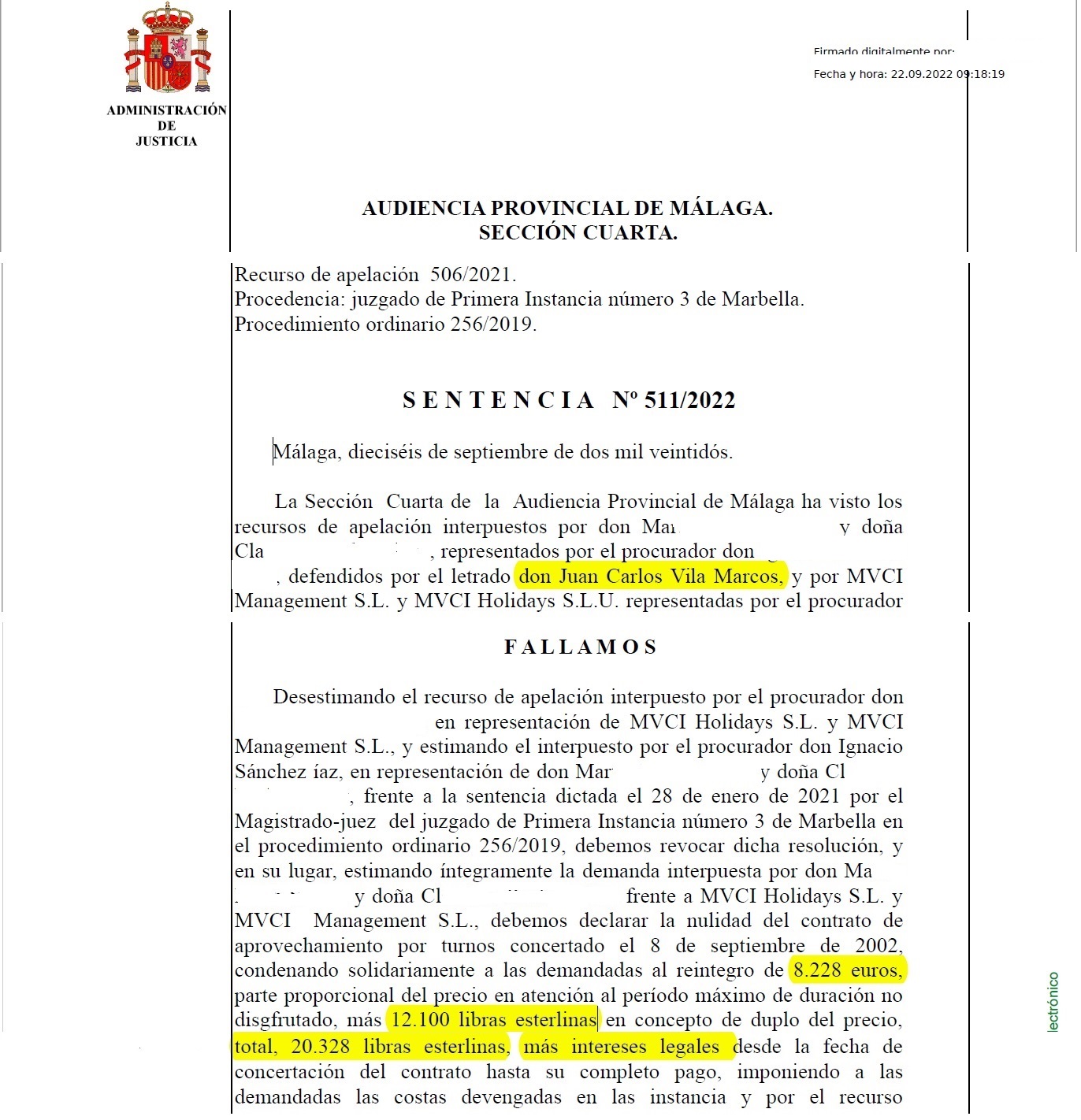 Málaga High Court ruling Marriott Son Antem: £40,000. September 2022.