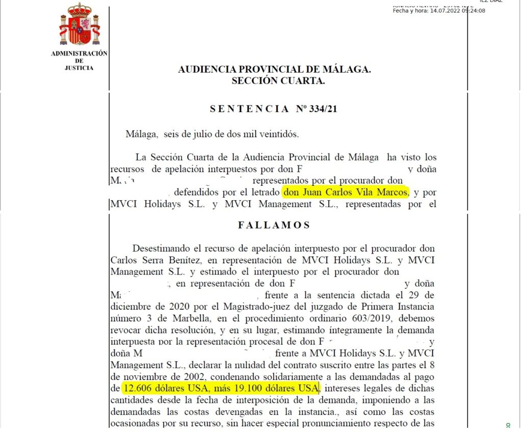Málaga High Court ruling Marriott Marbella: $31,000. July 2022.