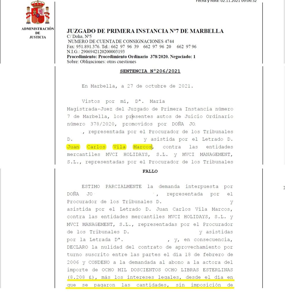 Court ruling Marriott Marbella: £15,000 refund, October 2021