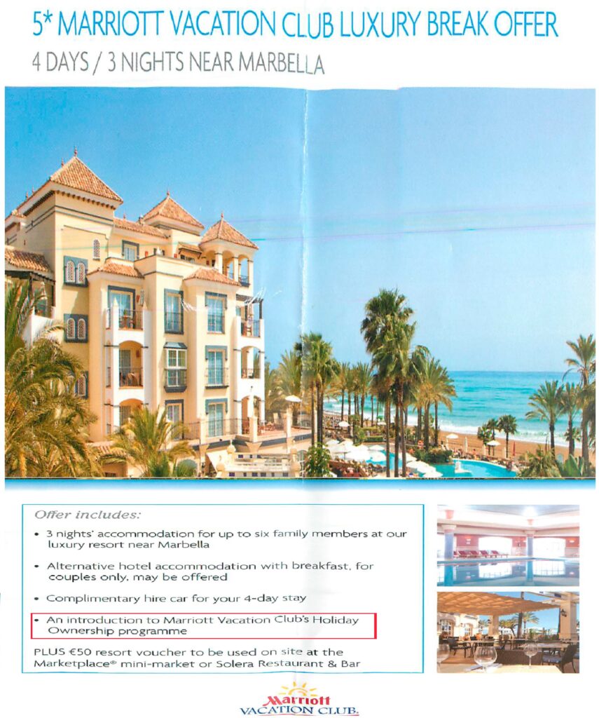 Advertising flyer of the personal invitation for free accommodation with the condition of attending a "presentation" that the client receives